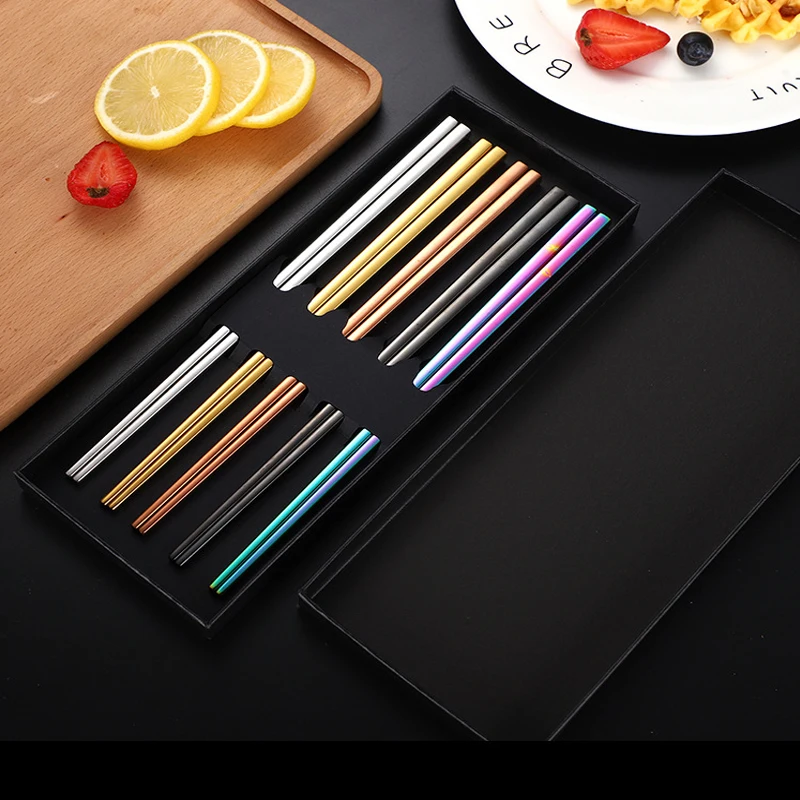 

Chopsticks 5 pair Japanese Korean Food Grade Stainless Steel Kitchen Tableware Colorful Dishware Reusable Chopstick Set with Cas