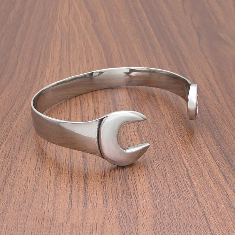 Punk Silver Color Stainless Steel Mechanical Intaglio Single Head Wrench Bangle Wristband For Men's Gift bangle bracelet stainless steel bracelet