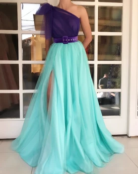 

Turquoise Muslim Evening Dresses 2019 A-line One-shoulder Tulle Slit Islamic Dubai Saudi Arabia Long Evening Gown Prom