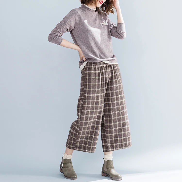 Plus Size Autumn Winter Women Pants Elastic High Waist Vintage Plaid Ladies Capris Casual Loose Woolen Female Wide Leg Pants