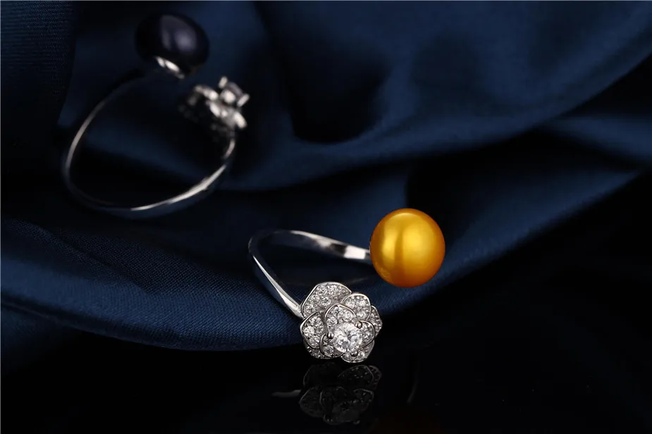 Dainashi Elegant AAAA Freshwater Cultured Pearl Ring 925 Sterling Silver Flower Crystal Zircon Open Adjustable Ring for Women