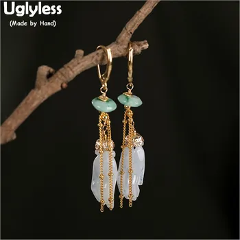 

Uglyless Creative Hand Jade Earrings for Women Real 925 Silver Plate Gold Chains Tassel Earrings Emerald Fine Jewelry Gems E1747