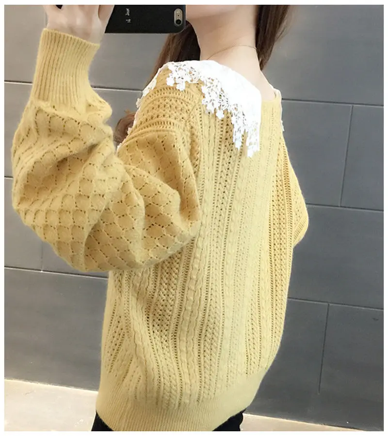 pullover sweater 2022 Spring Autumn Sweater Female Korean Version Loose Autumn Winter Outer Wear Lace Doll Collar Knit Pullover Top christmas sweatshirt