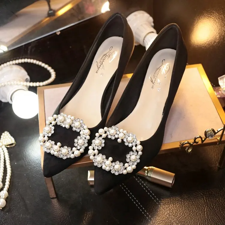 Fashion rhinestone pointed high heels stiletto black ladies career single shoes 2018 autumn new wild mid heel women's | Обувь