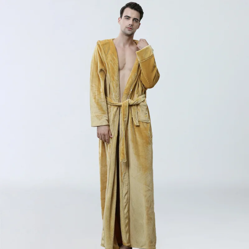 New Men Winter Extra Long Hooded Thick Flannel Warm Bath Robe Male Dressing Gown Thermal Bathrobe Women Mens Luxury Kimono Robes