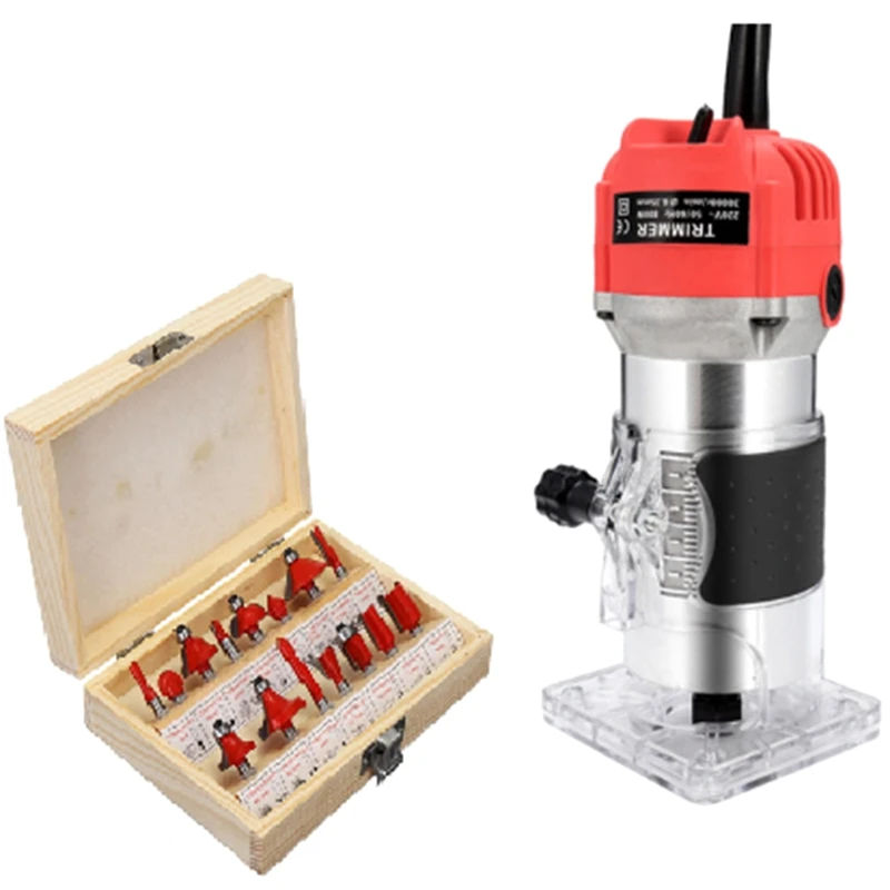 

Electric Hand Wood Trimmer Wood Router 6.35Mm Collet Carving Machine +15Pcs Router Bits Milling Cutter Woodworking Power Tools(E