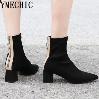 

YMECHIC 2018 Fashion Ladies Shoes Winter Zipper Ring Flock Leather High Heels Womens Bootie Black Ankle Boots Female Footwear