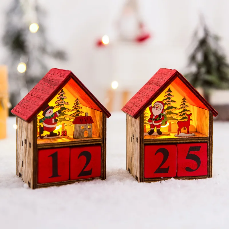 Светящийся Рождественский деревянный календарь, настольный декор, форма дома, светящийся календарь, блок, украшения, Рождественское украшение
