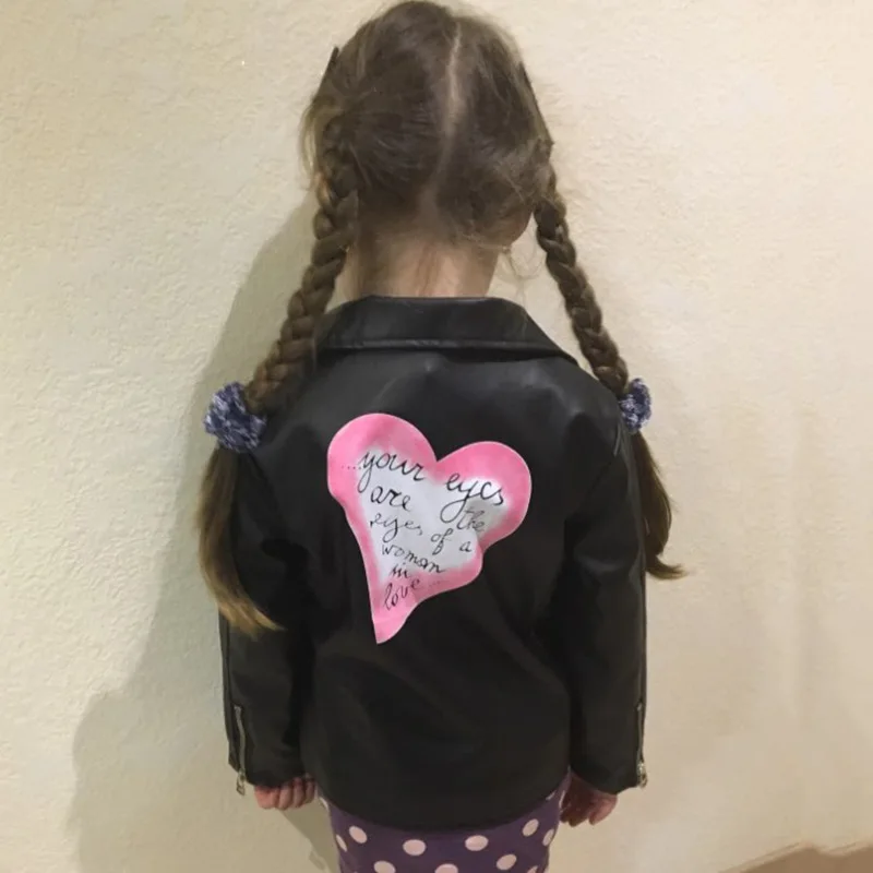 

2019 Spring Autumn Fashion Round Collar Pure Color Long Sleeve Children Fashion Behind Children Love Printing Leather Jacket