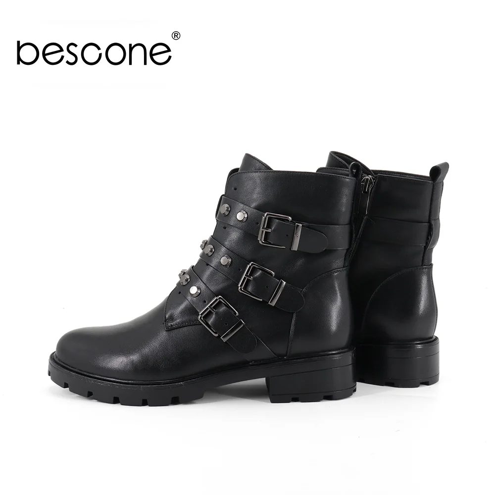 

BESCONE Genuine Leather Ladies Boots Casual Buckle Round Toe Square Heel Shoes Fashion Metal Decoration Solid Women Boots BC277