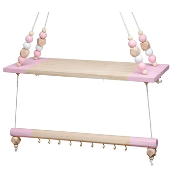 

Nordic Children Room Decorative Storage Rack Double Wooden Bead Tassels Shelves Wall Rope Hanging Shelf Home Hook Kids Coat Rack