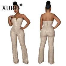 

XURU New Sexy Tube Top V-neck One-piece Wide-leg Pants Party Nightclub Sequined Jumpsuit Women