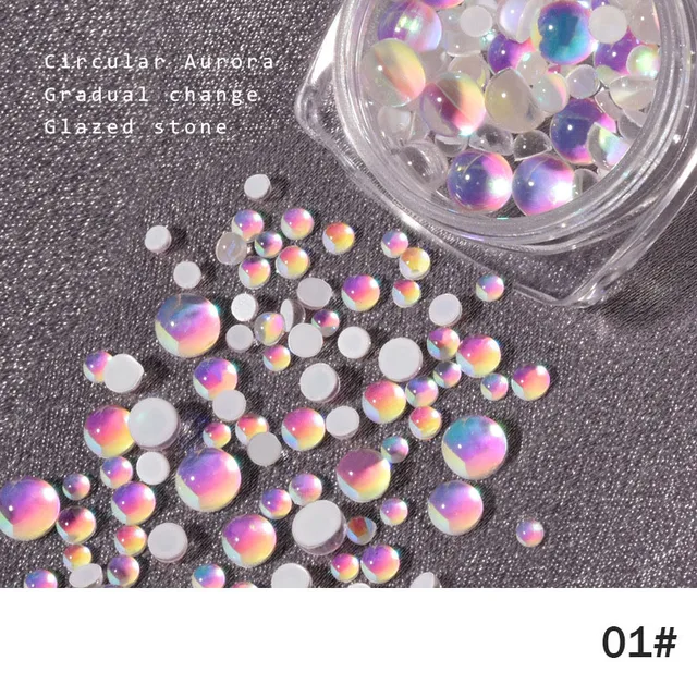 FlorVida 20pcs Sweet Heart Mermaid Rhinestone Beads Holographic Crystal Gems Stones For Nail Art Decorations Mix Size Box Kawaii 100pcs Round 01