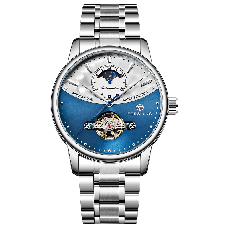 Новые механические часы FORSINING Blue Tourbillon, Мужские автоматические часы с фазой Луны, часы из натуральной нержавеющей стали для мужчин, мужские часы - Цвет: silver blue