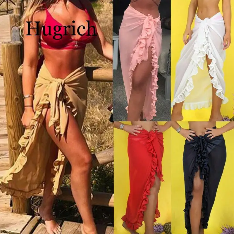 

Women Chiffon See-Through Beach Bikini Cover Up Wrap Scarf Swimwear Pareo Sarong Dress Solid Ruffle Casual Beach Dress