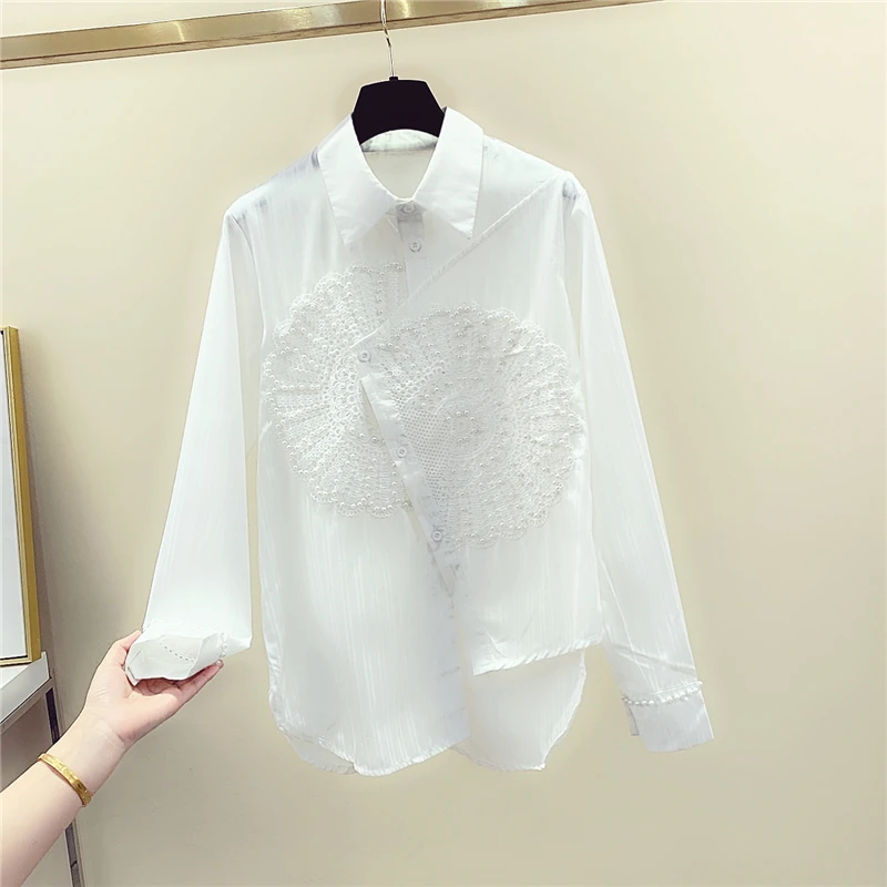 

2020 Spring New Women Long Sleeve Shirt Beaded Lace Panel Irregular Shirt Ladies Top Blouse Woman Bluzki Damskie Blusa Feminina