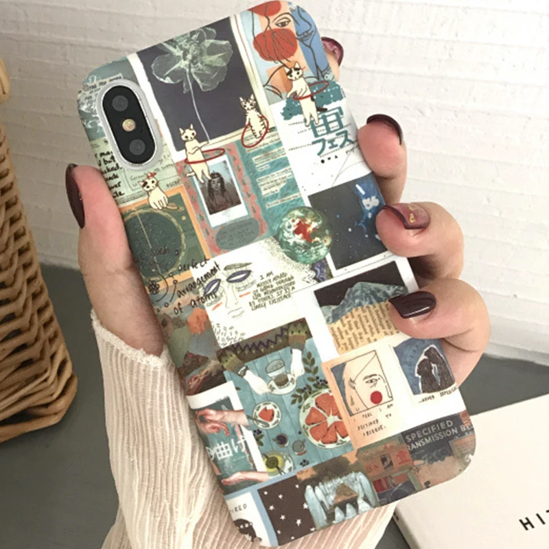 

Cute Cartoon Cat Painting Scrub Phone Case for iPhone 6 6s 7 8 Plus X Xs XR Xs Max Hard PC Back Cover