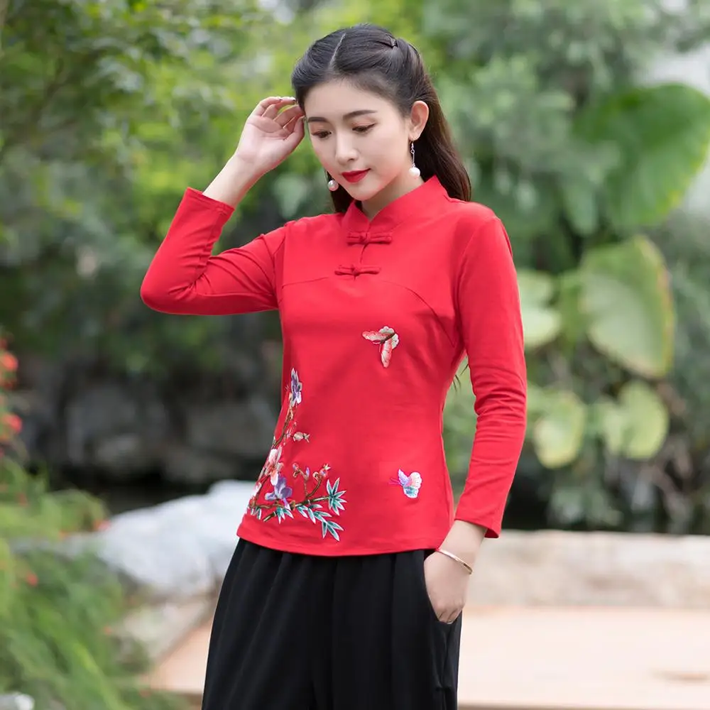 KYQIAO онлайн Китайский магазин blusa feminina традиционная китайская рубашка l XL 2XL 3XL 4XL 5XL 6XL воротник стойка Вышивка Блузка - Цвет: Красный