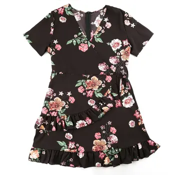 

Summer Bohemian Style Sexy Deep V Black Flowers Print Dress Casual Short Sleeve Irregular Hem Ruffles Belt Beach Dresses 2019