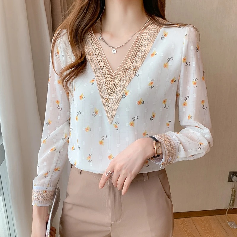 Blusa de gasa estampado Floral para Mujer, camisa de manga larga coreana con cuello Tops elegantes de 2021 - AliExpress Ropa de mujer