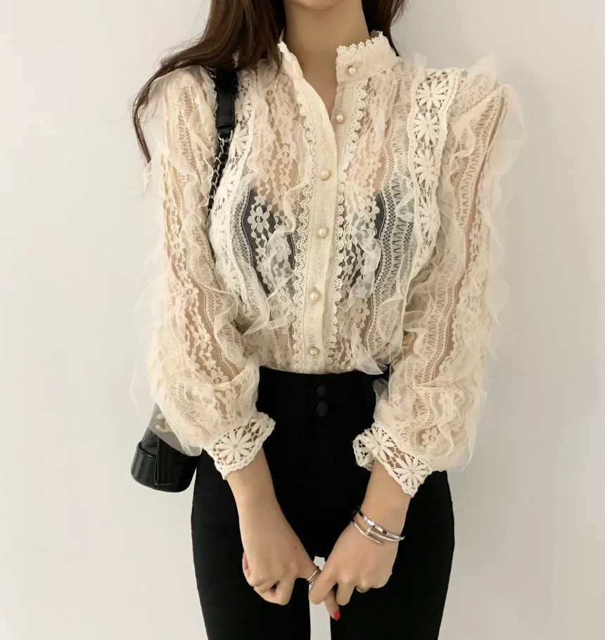  Alien Kitty New Arrival Ladies Lace Shirt Hook Flower Long Sleeve Loose Stand Collar Blouse Shirts 