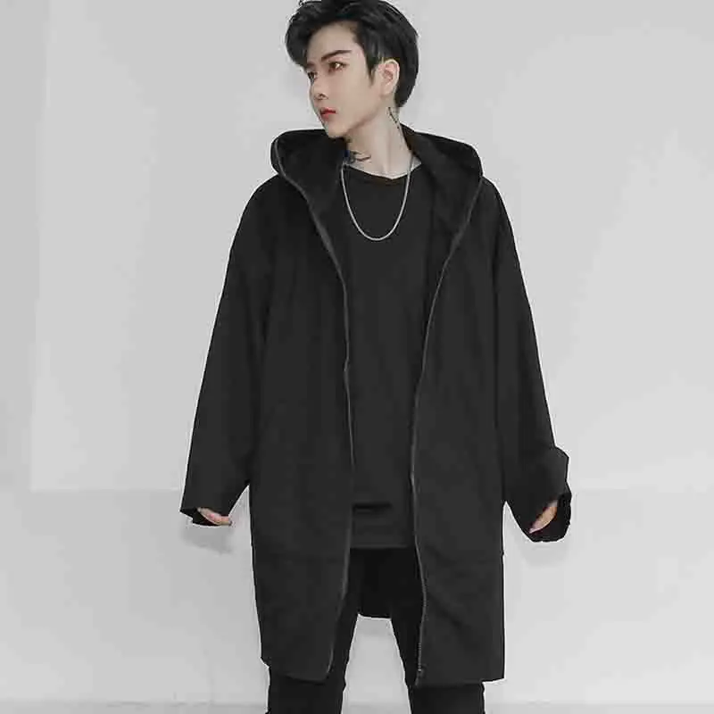 Men's cardigan autumn winter loose in the long hooded coat men's leisure windbreaker youth black large size tide England