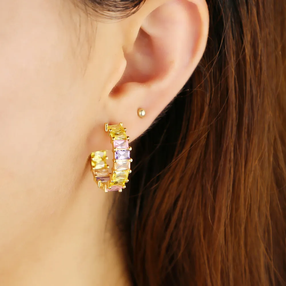 

2019 Gold filled rainbow cz hoop earring for women fashion jewelry colorful square zirconia pink pinky pastel delicate earrings