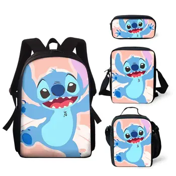 

THIKIN Student 15 inch School Bags Set 4Pcs with Cute Stitch Print Cartoon Schoolbags Children Mini Book Bag Polyester Backpack