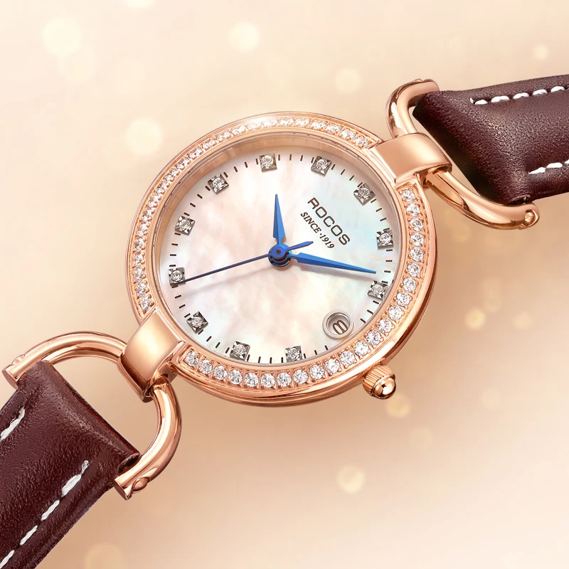 

ROCOS New Arrival Lady's Shell Quartz Watch Waterproof Fashion Delicate Watch Leather Round Women's Wristwatch R0122L