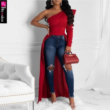 

Women Solid One Shoulder Dip Hem Blouse Chic Elegant Floor Length Spring Fall Top Shirt