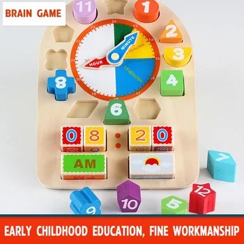 

Wooden clock digital shape paired building blocks toys children cognitive digital clock weather early education toys
