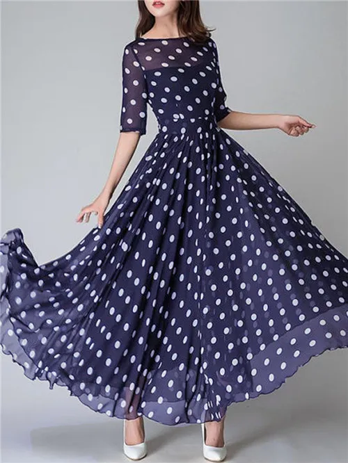 Dark blue dress Длинное женское платье в горошек, шифоновое модное женское платье, летнее элегантное платье макси в горошек для женщин - Цвет: Dark blue dress