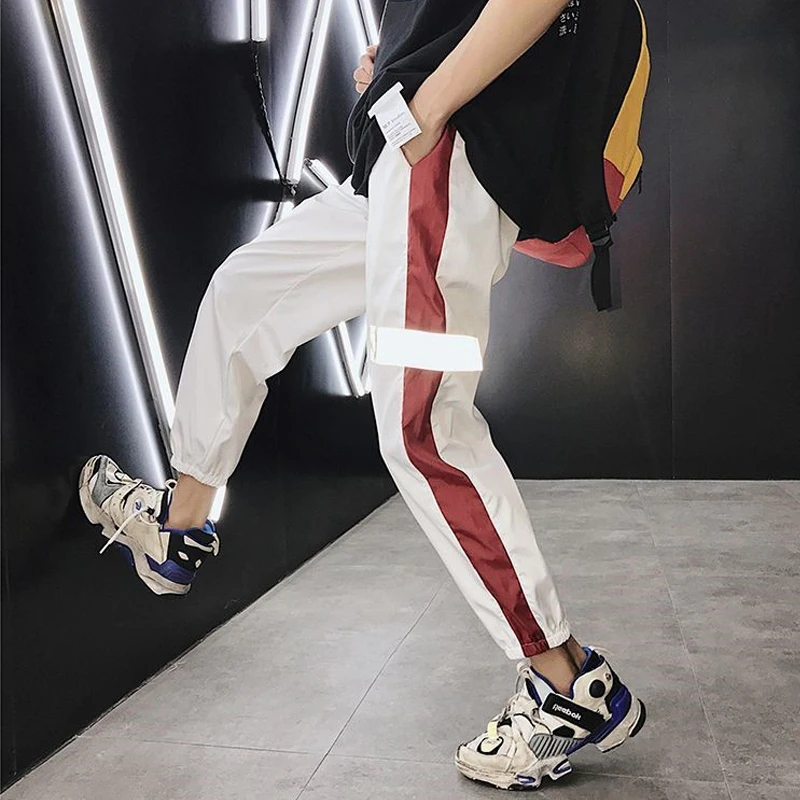 

Men's reflective bar stripe sport gym sweat pants 2019 mens hip hop clothes joggers streetwear harem pants men clothes CK14