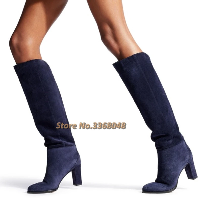 Botas ante azul marino para mujer, botines hasta la rodilla con tacón grueso y punta redonda, sin cordones cuadrados, hechos a medida, novedad de invierno|Botas hasta la rodilla| - AliExpress
