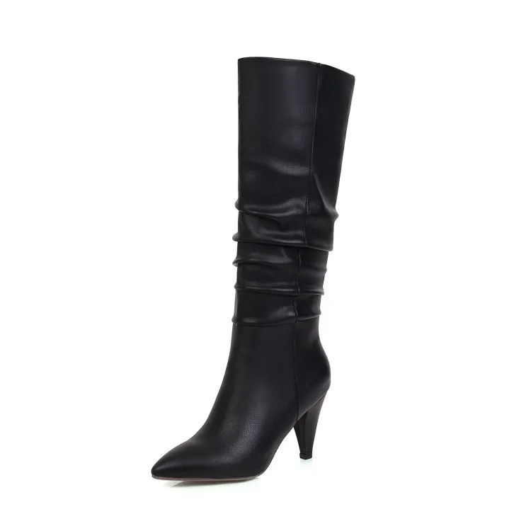 Зимние сапоги до колена женские плиссированные высокие сапоги на шпильках обувь из флока на высоком каблуке с острым носком Женская Осенняя обувь красного цвета, размеры 34-43 MAZIAO - Цвет: Черный