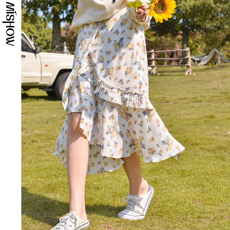 MISHOW 2020 Autumn Skirts For Women Vintage Floral Printed Asymmetrical Mid Calf Skirt High Waist Retro Female Bottoms MX20C1898 MISHOW 2020 Autumn Skirts For Women Vintage Floral Printed Asymmetrical Mid Calf Skirt High Waist Retro Female Bottoms MX20C1898