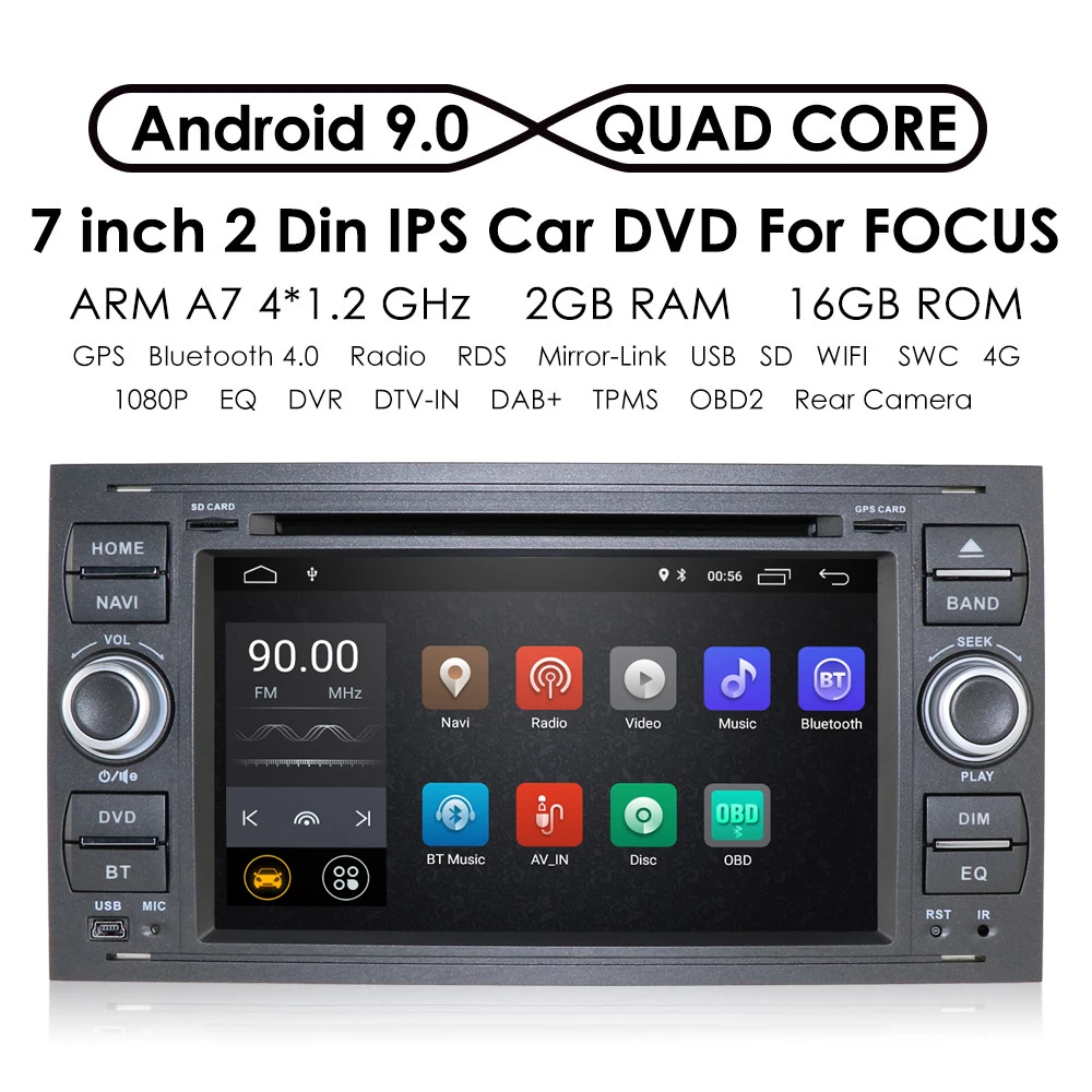 Perfect Android 9.0 Quad Core Double 2 Din Car DVD GPS Navigation Player Multimedia Player for For Ford/Mondeo/Focus/Transit/C-MAX/S-MAX 1