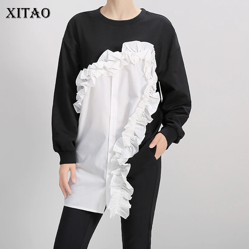 XITAO Досуг однобортная Лоскутная Толстовка Tide personity топ с круглым вырезом для женщин осень топ с длинными рукавами GCC1342