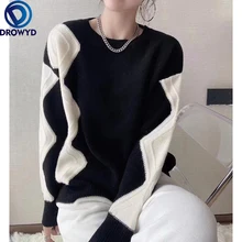 

Women Argyle Knitted Sweaters Autumn Winter 2021 Pullovers Long Sleeve O-Neck Loose Knitted Korean Tops Casual Vintage Jumper