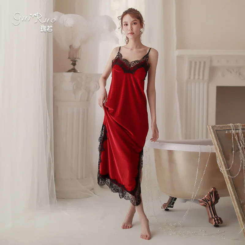 

Summer Sexy Velvet Women's Nightdress Sling Side Slit Lace Temptation Long Dress Comfortable Home Wear Set