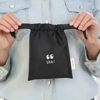 

New Cute Nylon Sanitary Napkin Bag Portable Drawstring Black Storage Bag Cosmetic Makeup Case Jewelry Pouch Organizer
