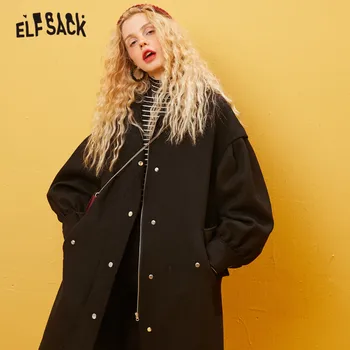 

ELFSACK Black Solid Single Breasted Straight Hooded Wool Coats Women 2020 Spring Lantern Sleeve Casual Ladies Warmness Outwear