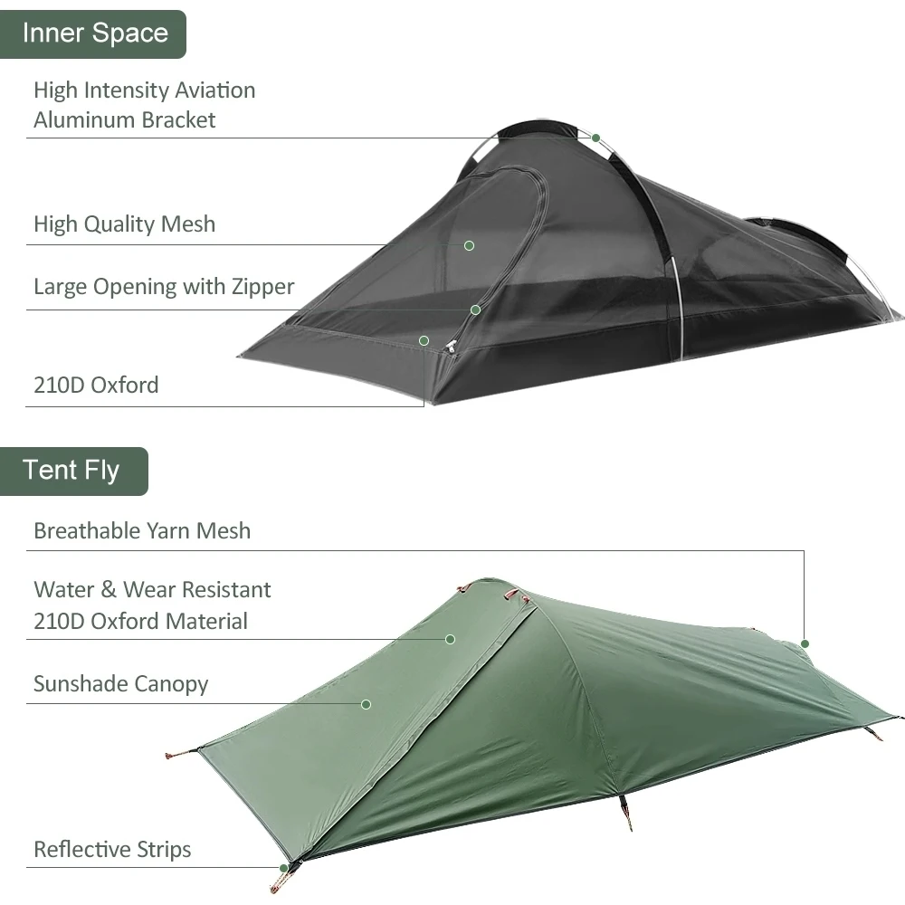 Tragbares Campingzelt 1 Person Schlafsack Shelter mit Aviation Aluminium Pole 