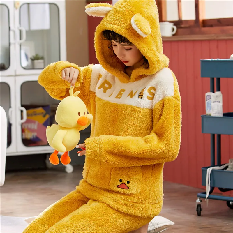 Autumn Winter Womens Pajama Set Thickened Flannel Pajamas Sets Long Sleeve Cartoon Sleepwear Home Wear for Girls Pj Set Pyjams