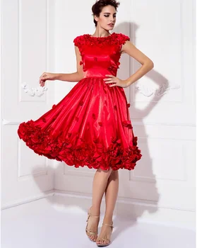 

Hot A-Line Floral Red Cocktail Party Dress Prom Gowns Jewel Neck Short Sleeve Knee Length Back To School Dresses robe de soriee