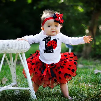 

1st Birthday Party Baby Girl Clothing Cotton Romper+Dot tutu Dress+Headband 3pcs Outfits 0-12M Infant Baby Girl Baptism Dress