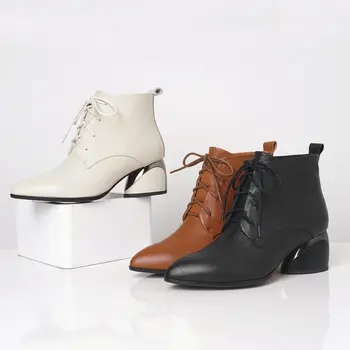 

Solid Fashion Pointed Toe Round High Heels Women Ankle Boots Top Quality Genuine Leather Sexy Elegant Party Prom Shoes
