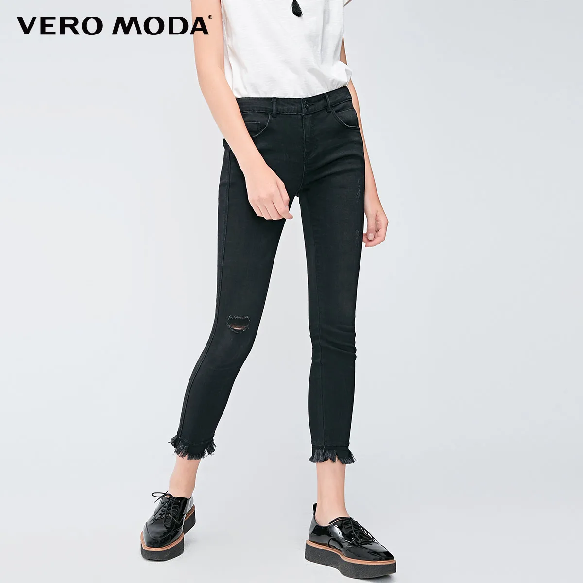 Vero Moda Новое поступление женские потертые узкие укороченные джинсы с необработанными краями | 318349530 - Цвет: Black denim