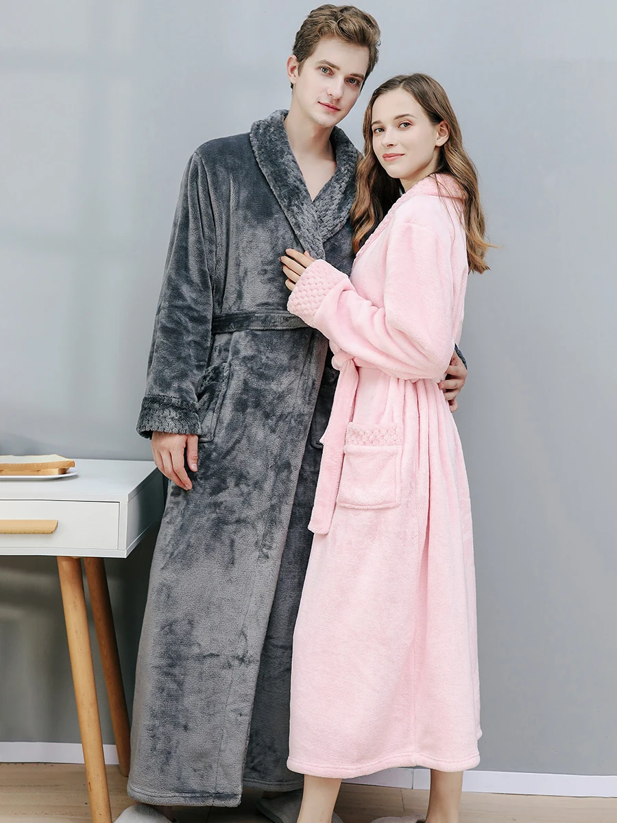 Women's Nightgown Winter One Pair of Lovers Coral Fleece Bathrobe Fleece-Lined Thickened Flannel Men's Pajamas Autumn and Winter