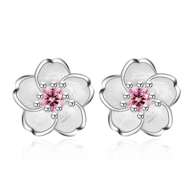 Silver 925 Jewelry Sterling Silver Earrings Cherry Blossom Inlaid Pink Zirconia Ear Studs Simple and Popular Earrings for Women - Image 3